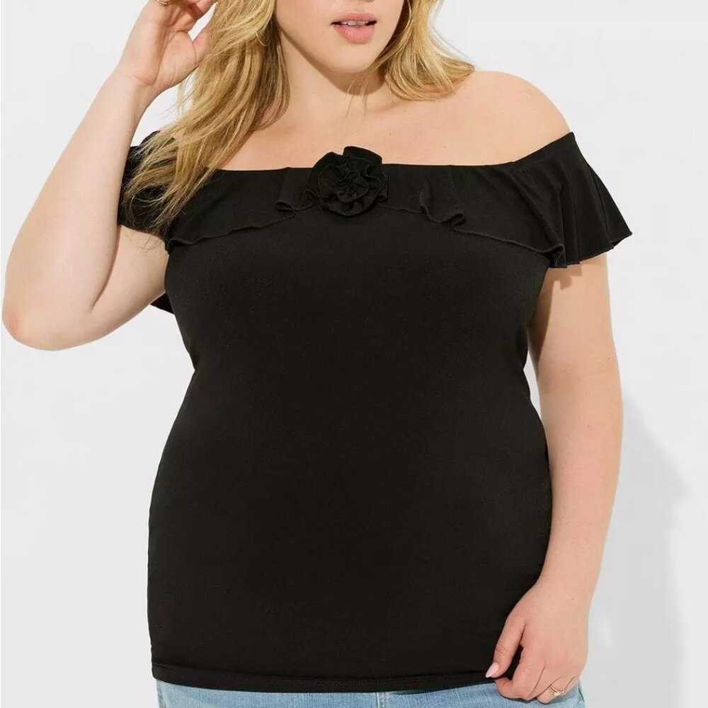 Torrid Top 0X 1X 2X Black Studio Knit Off Shoulder Rosette Ruffle Plus Size NWT